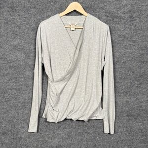 Sundance Sz XL Top Gray Cotton Faux Wrap Ruched V Neck Cotton Blend Long Sleeves